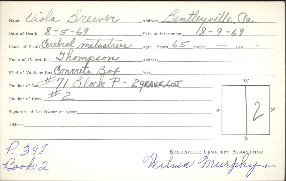 Viola Brewer burial card